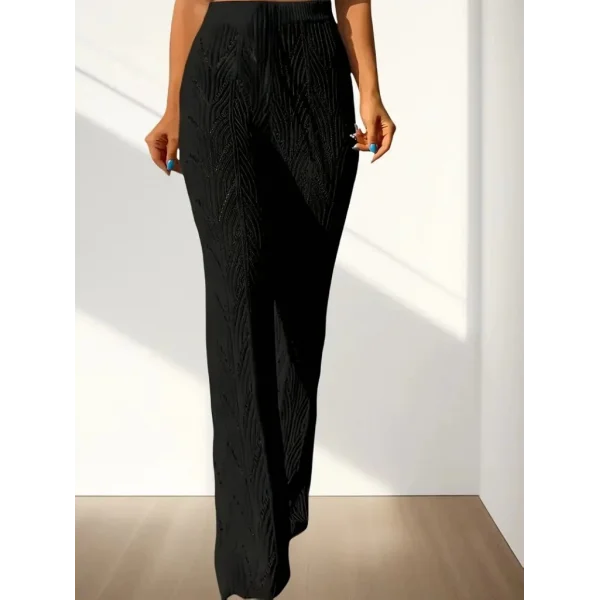 Kadın Yüksek Bel Bağcıklı Desenli Triko Plaj Pantolon