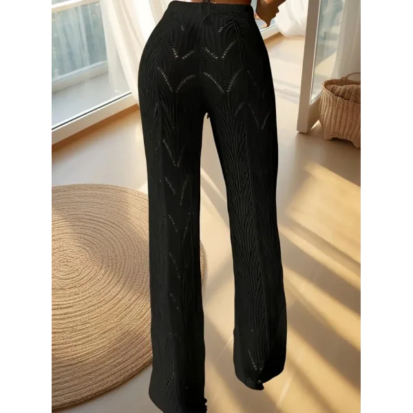 Kadın Yüksek Bel Bağcıklı Desenli Triko Plaj Pantolon