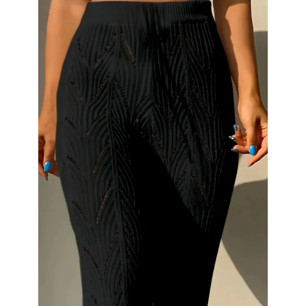 Kadın Yüksek Bel Bağcıklı Desenli Triko Plaj Pantolon