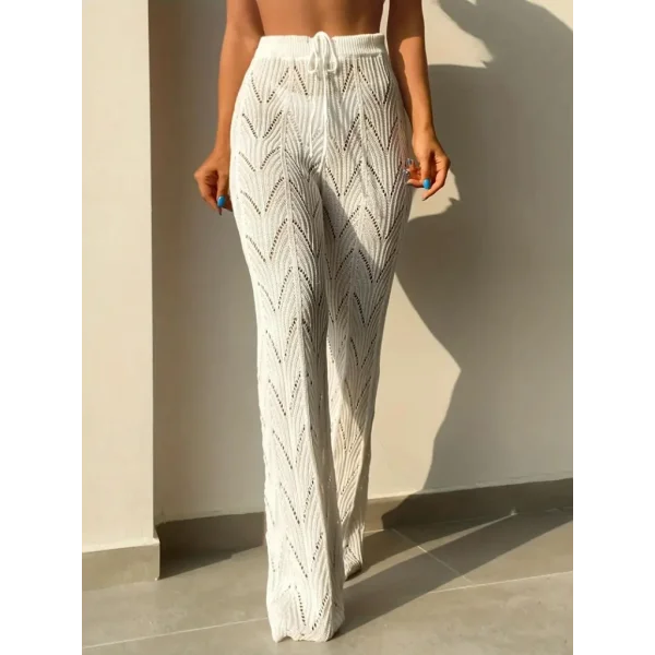 Kadın Yüksek Bel Bağcıklı Desenli Triko Plaj Pantolon