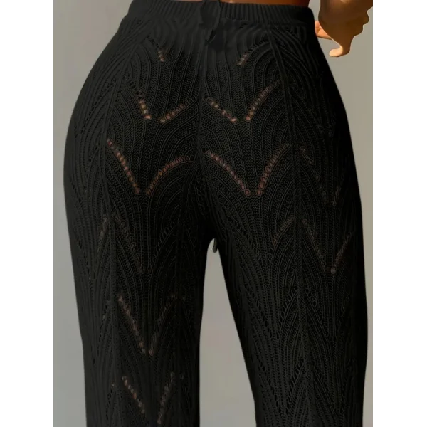 Kadın Yüksek Bel Bağcıklı Desenli Triko Plaj Pantolon