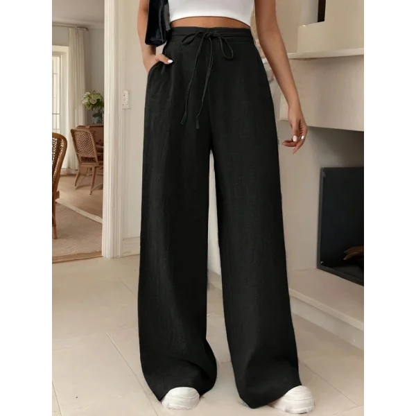 Kadın Yüksek Bel Bağcıklı Geniş Paçalı Uzun Bürümcük Pantolon