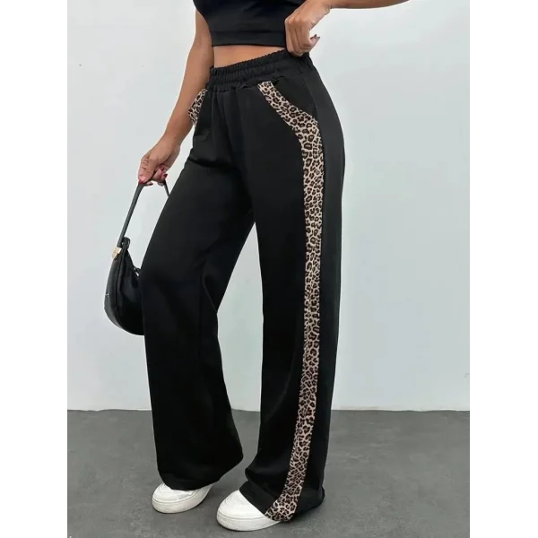 Kadın Yüksek Bel Bağcıklı Yanları Leopar Desenli Viskon Iki Iplik Pantolon