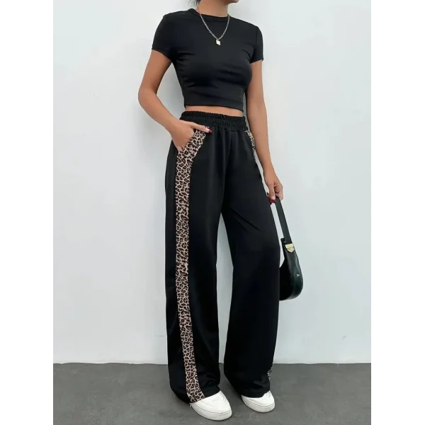 Kadın Yüksek Bel Bağcıklı Yanları Leopar Desenli Viskon Iki Iplik Pantolon