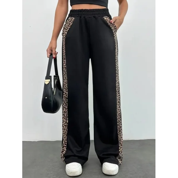 Kadın Yüksek Bel Bağcıklı Yanları Leopar Desenli Viskon Iki Iplik Pantolon