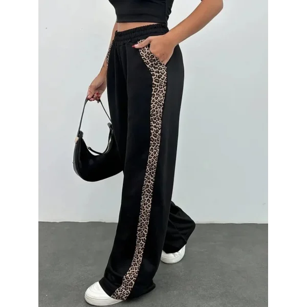 Kadın Yüksek Bel Bağcıklı Yanları Leopar Desenli Viskon Iki Iplik Pantolon