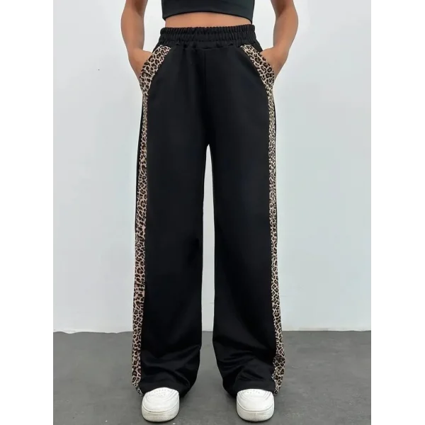Kadın Yüksek Bel Bağcıklı Yanları Leopar Desenli Viskon Iki Iplik Pantolon