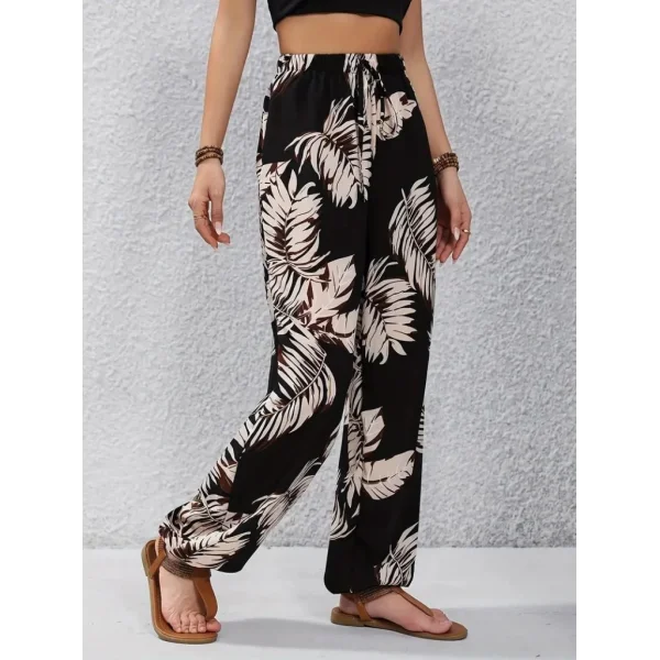 Kadın Yüksek Bel Bağcıklı Yaprak Desenli Süprem Pantolon