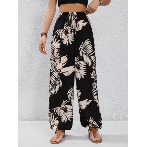 Kadın Yüksek Bel Bağcıklı Yaprak Desenli Süprem Pantolon