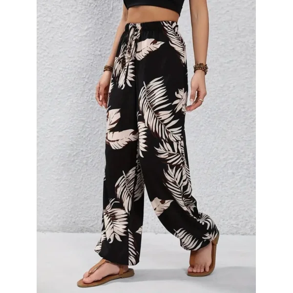 Kadın Yüksek Bel Bağcıklı Yaprak Desenli Süprem Pantolon