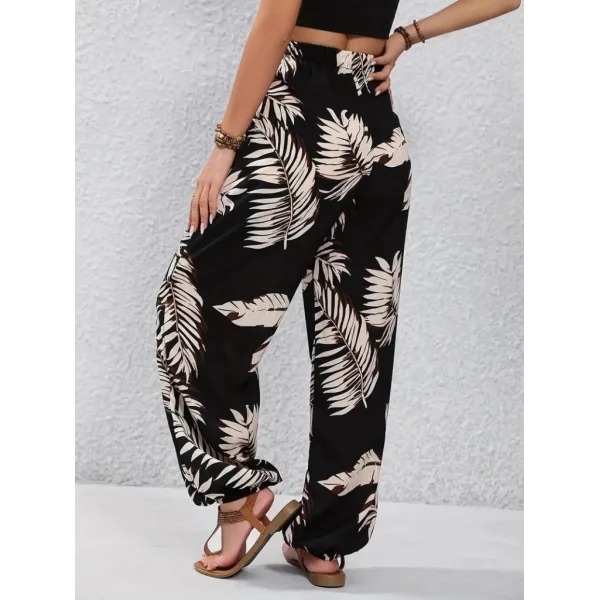 Kadın Yüksek Bel Bağcıklı Yaprak Desenli Süprem Pantolon