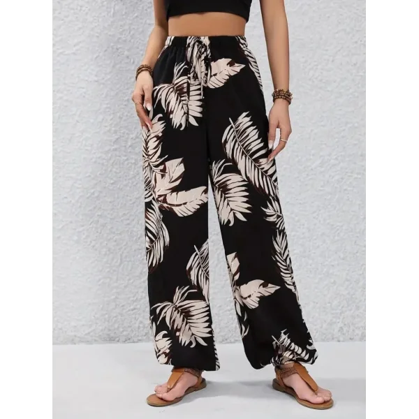 Kadın Yüksek Bel Bağcıklı Yaprak Desenli Süprem Pantolon