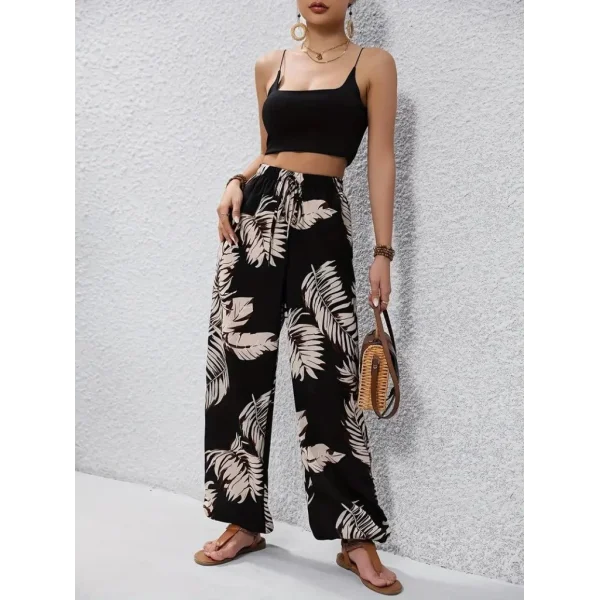 Kadın Yüksek Bel Bağcıklı Yaprak Desenli Süprem Pantolon