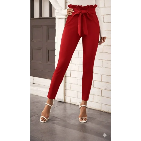 Kadın Yüksek Bel Beli Fırfırlı önden Bağlamalı Ithal Krep Pantolon