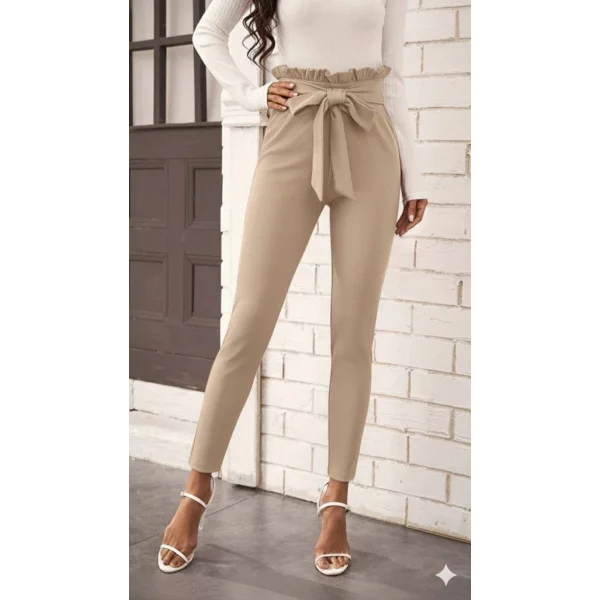 Kadın Yüksek Bel Beli Fırfırlı önden Bağlamalı Ithal Krep Pantolon