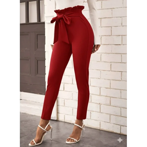 Kadın Yüksek Bel Beli Fırfırlı önden Bağlamalı Ithal Krep Pantolon
