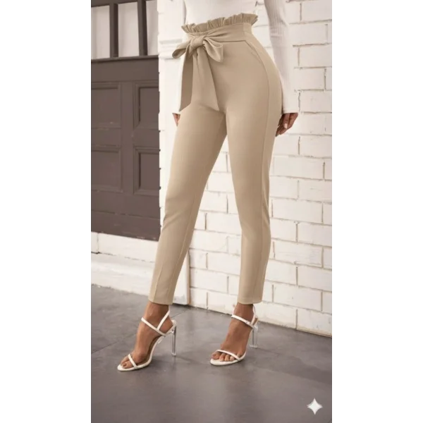Kadın Yüksek Bel Beli Fırfırlı önden Bağlamalı Ithal Krep Pantolon