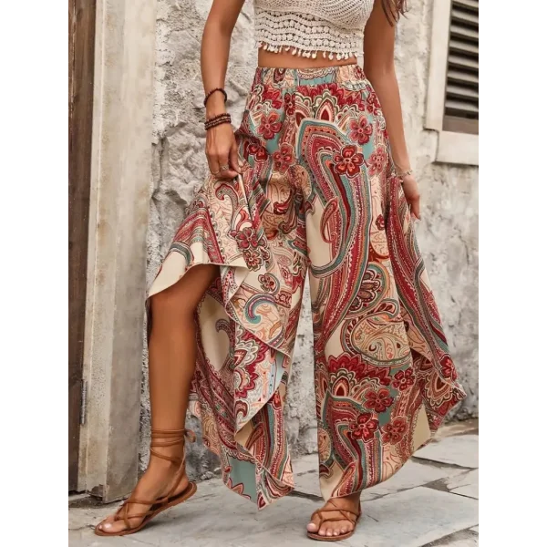 Kadın Yüksek Bel Beli Lastikli Desenli Geniş Paçalı Süprem Pantolon