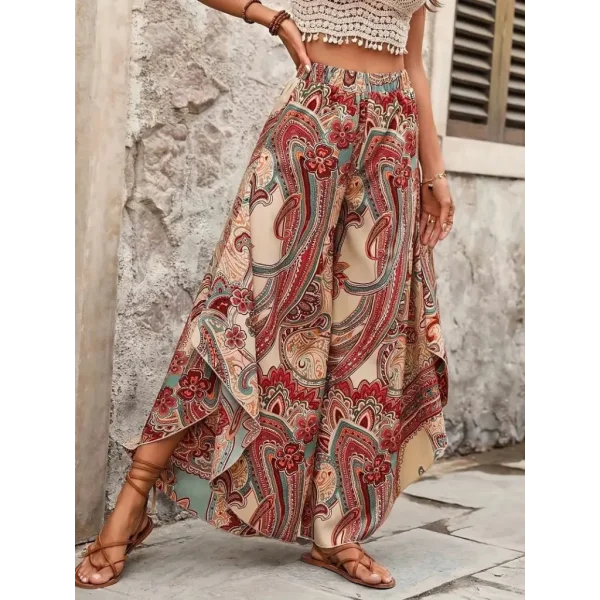 Kadın Yüksek Bel Beli Lastikli Desenli Geniş Paçalı Süprem Pantolon