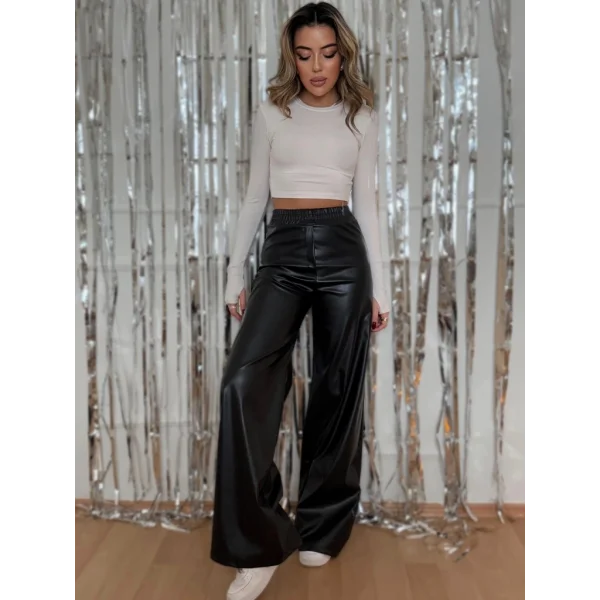 Kadın Yüksek Bel Beli Lastikli Geniş Paçalı Deri Pantolon