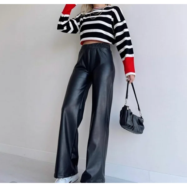Kadın Yüksek Bel Beli Lastikli Geniş Paçalı Deri Pantolon