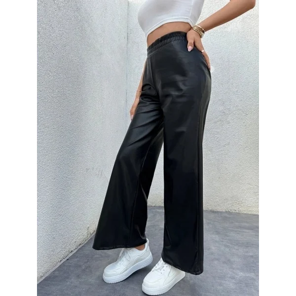 Kadın Yüksek Bel Beli Lastikli Geniş Paçalı Deri Pantolon