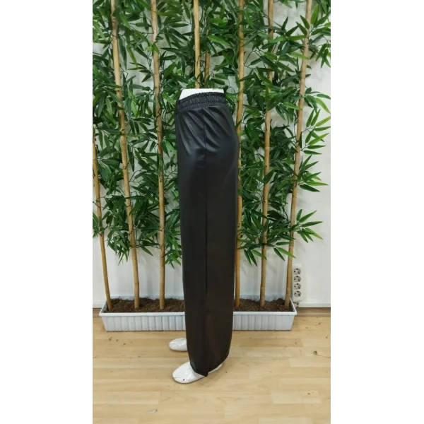 Kadın Yüksek Bel Beli Lastikli Geniş Paçalı Deri Pantolon