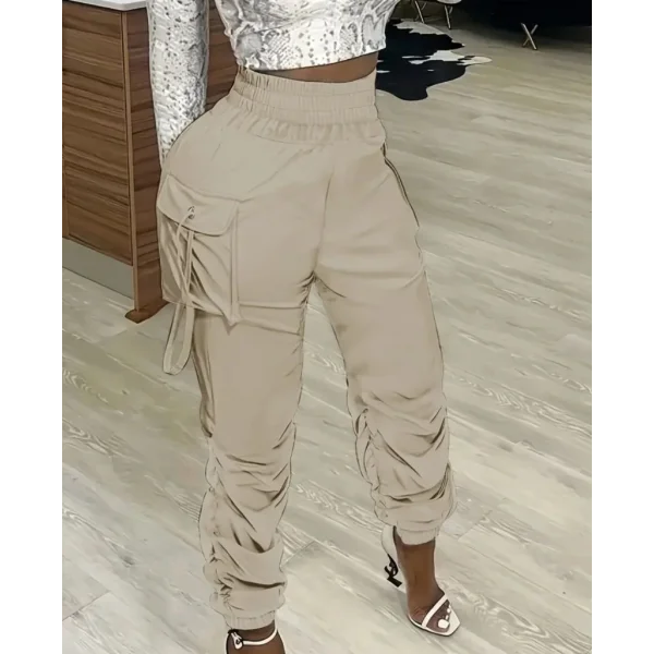 Kadın Yüksek Bel Beli Lastikli Kargo Cep Detaylı Gabardin Pantolon