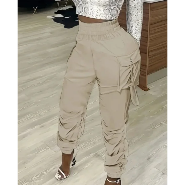 Kadın Yüksek Bel Beli Lastikli Kargo Cep Detaylı Gabardin Pantolon