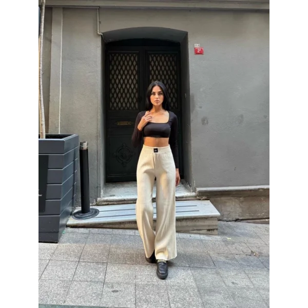 Kadın Yüksek Bel Beli Laztikli Triko Palazzo Pantolon