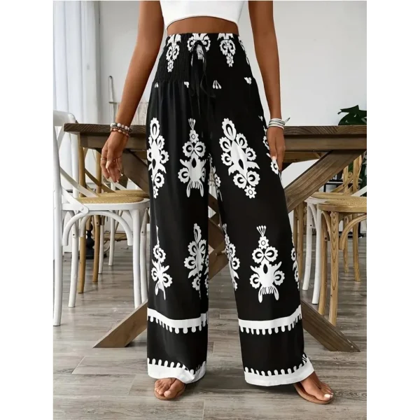 Kadın Yüksek Bel Büzgülü Etnik Desen Baskılı Süprem Pantolon