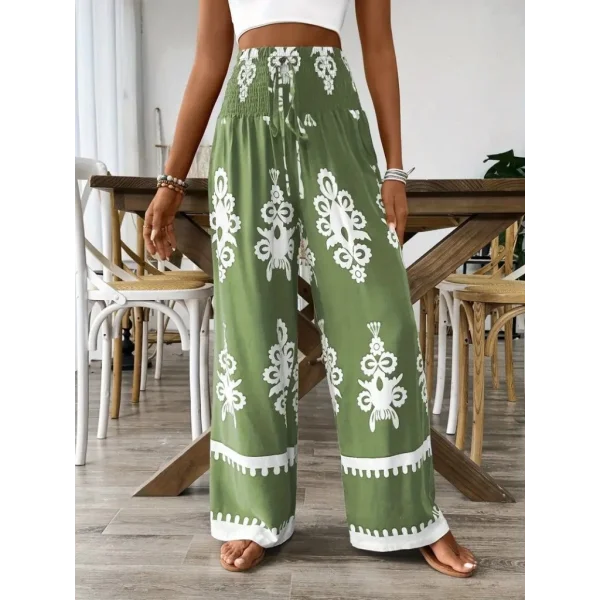 Kadın Yüksek Bel Büzgülü Etnik Desen Baskılı Süprem Pantolon