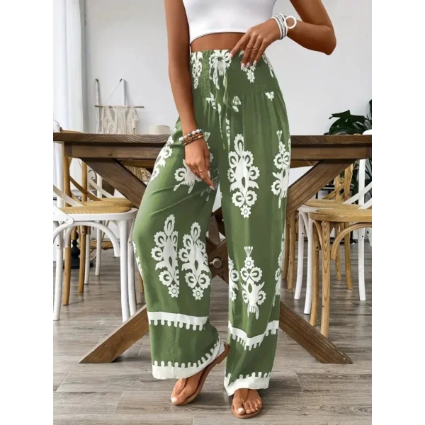 Kadın Yüksek Bel Büzgülü Etnik Desen Baskılı Süprem Pantolon