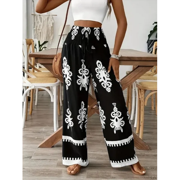 Kadın Yüksek Bel Büzgülü Etnik Desen Baskılı Süprem Pantolon