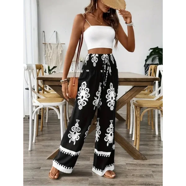 Kadın Yüksek Bel Büzgülü Etnik Desen Baskılı Süprem Pantolon