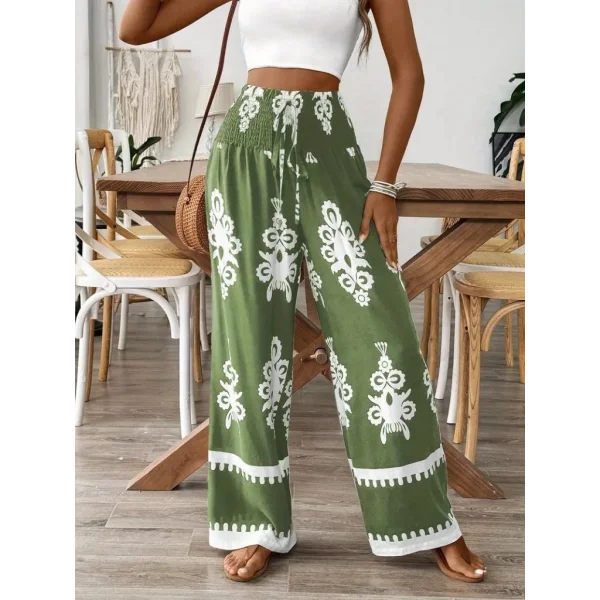 Kadın Yüksek Bel Büzgülü Etnik Desen Baskılı Süprem Pantolon