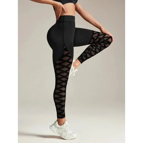 Kadın Yüksek Bel çapraz Desen Tül Detaylı Spor Dalgıç Tayt