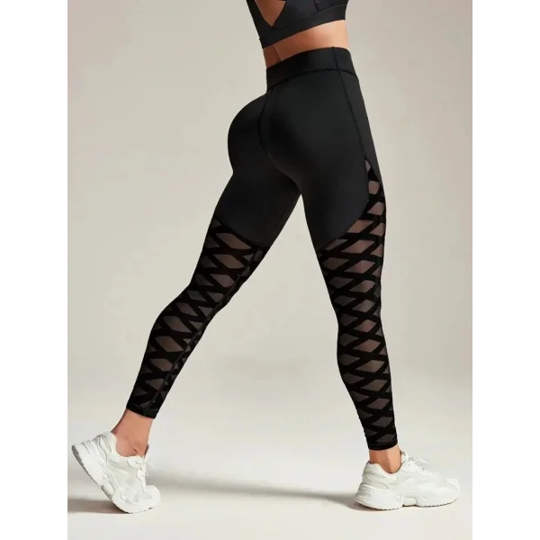 Kadın Yüksek Bel çapraz Desen Tül Detaylı Spor Dalgıç Tayt