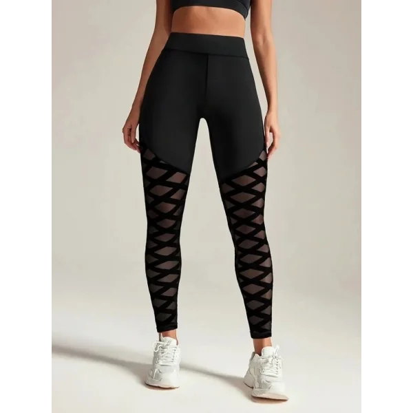 Kadın Yüksek Bel çapraz Desen Tül Detaylı Spor Dalgıç Tayt