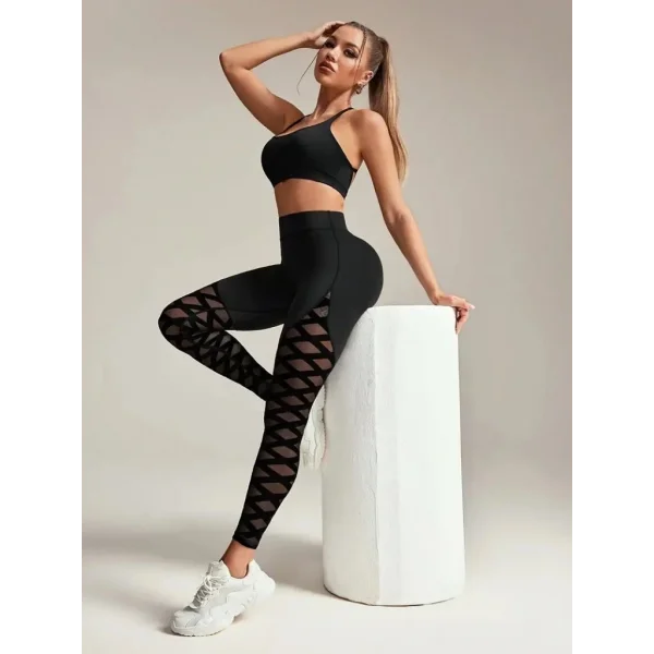 Kadın Yüksek Bel çapraz Desen Tül Detaylı Spor Dalgıç Tayt