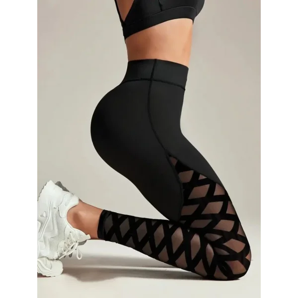 Kadın Yüksek Bel çapraz Desen Tül Detaylı Spor Dalgıç Tayt