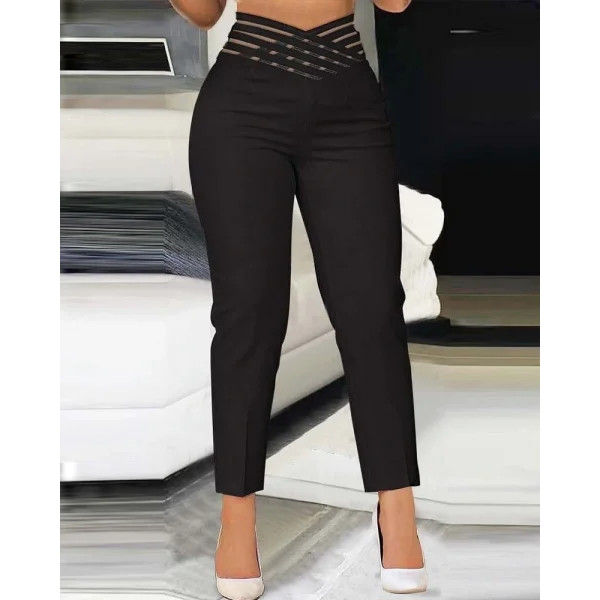 Kadın Yüksek Bel çapraz şerit Detaylı Ithal Krep Pantolon