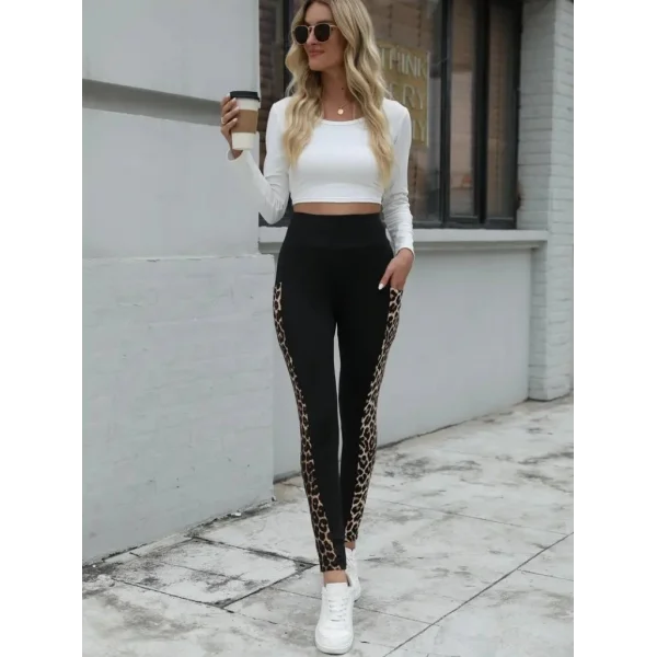 Kadın Yüksek Bel Cep Detaylı Leopar Desenli Dalgıç Tayt