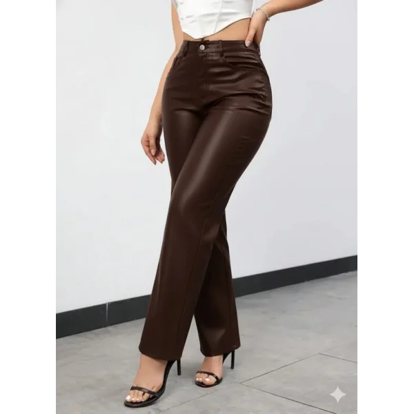 Kadın Yüksek Bel Cepli Deri Pantolon
