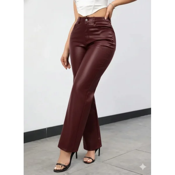Kadın Yüksek Bel Cepli Deri Pantolon