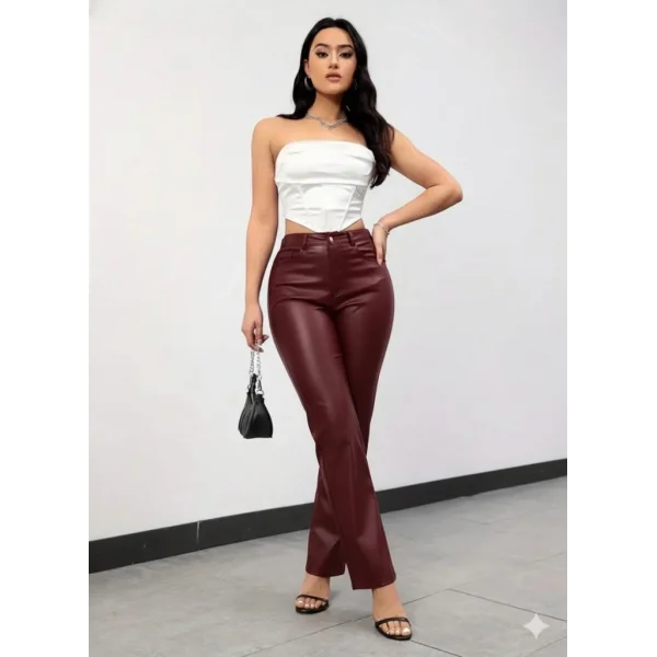 Kadın Yüksek Bel Cepli Deri Pantolon