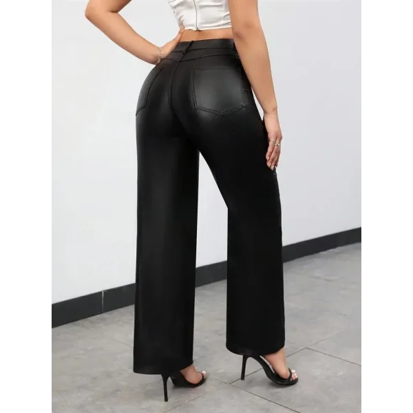 Kadın Yüksek Bel Cepli Deri Pantolon