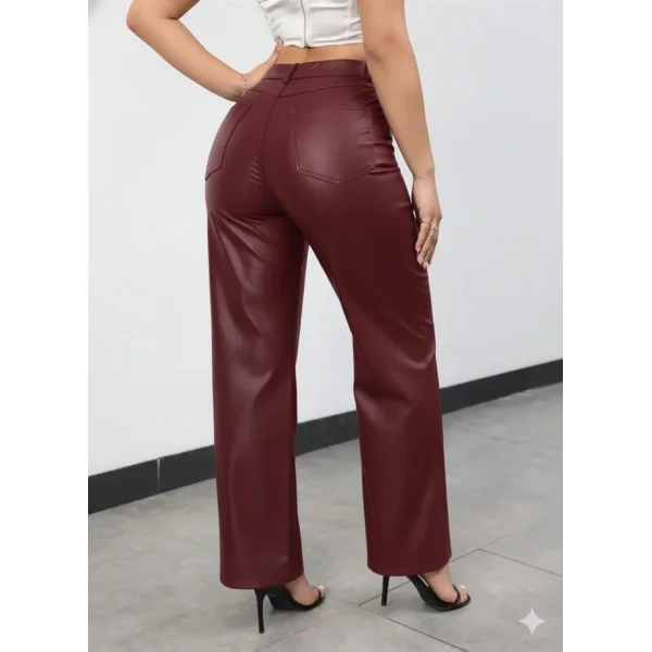 Kadın Yüksek Bel Cepli Deri Pantolon