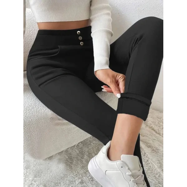 Kadın Yüksek Bel Cepli Düğmeli şardonlu Dalgıç Tayt Pantolon