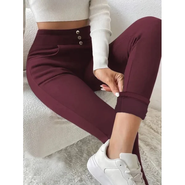 Kadın Yüksek Bel Cepli Düğmeli şardonlu Dalgıç Tayt Pantolon